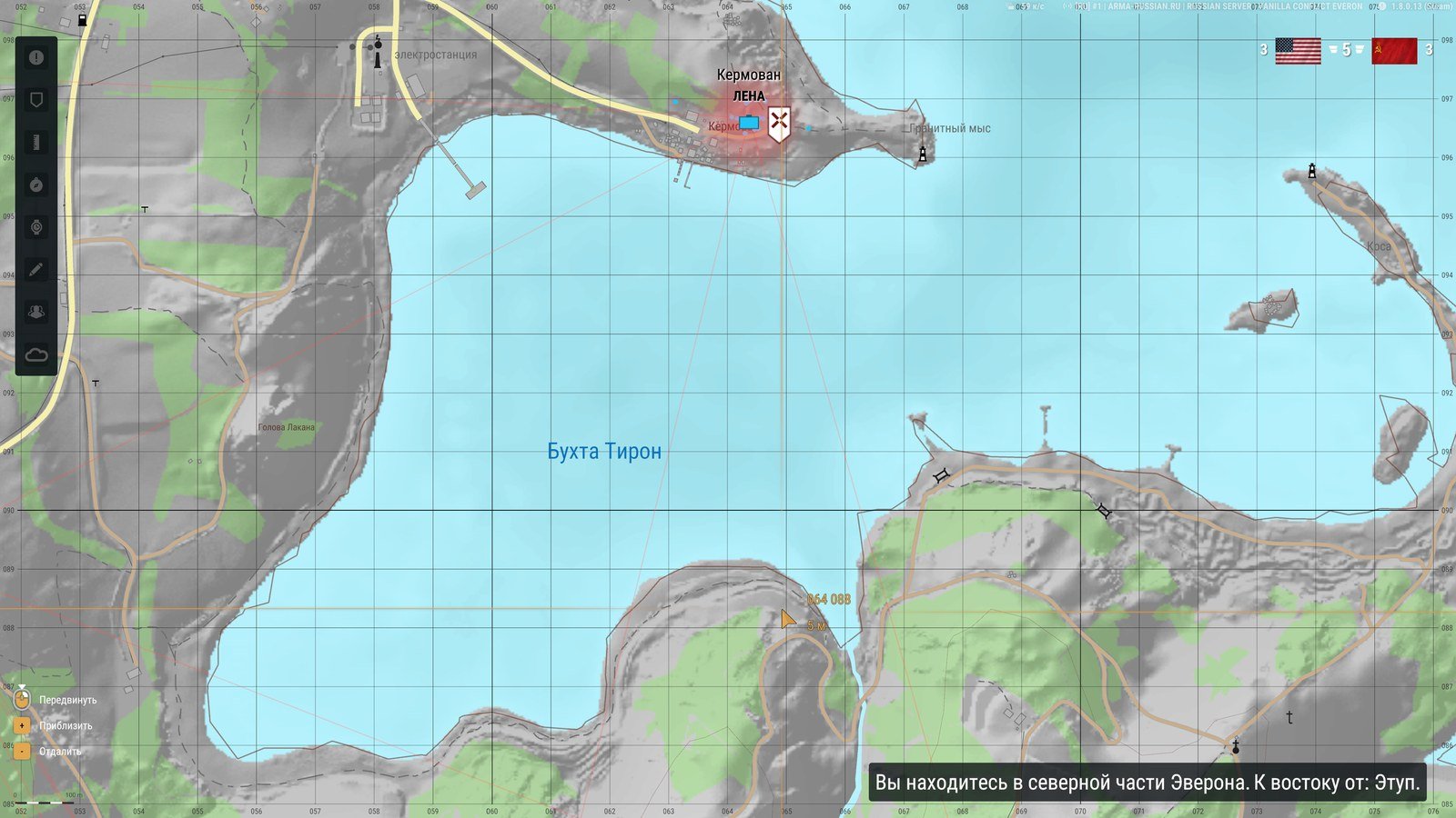 The Everon map zoomed to the north coast, showing Бухта Тирон, Гранитный мыс, the Коса sandbar, the электростанция west of Кермован, and the location line along the bottom.